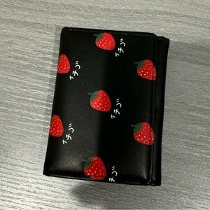 Black Strawberry Print Tri-Fold Wallet